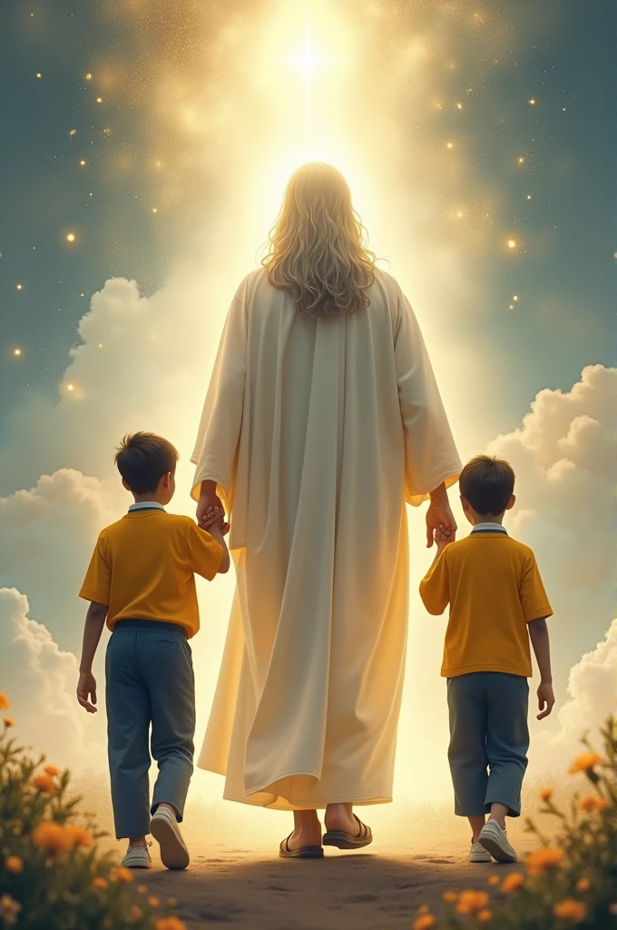 Create an image of God walking with two children on each side wearing a uniform of a yellow short-sleeved shirt and navy blue long pants 