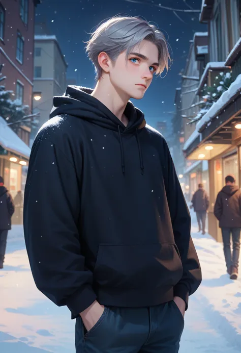 a young man with gray hair, mullet, blue eyes, black hoodie and long pants turned his back in the middle of a snowy city at nigh...