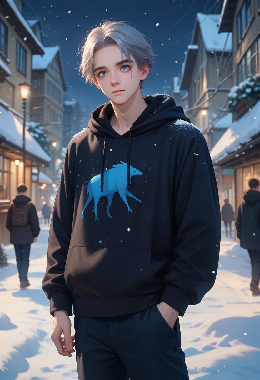 A young man with gray hair, mullet, blue eyes, black hoodie and long pants turned his back in the middle of a snowy city at night.