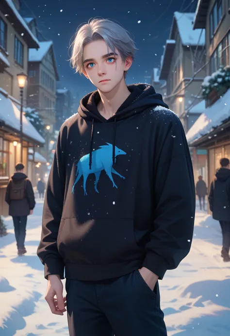 a young man with gray hair, mullet, blue eyes, black hoodie and long pants turned his back in the middle of a snowy city at nigh...