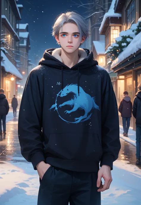 a young man with gray hair, mullet, blue eyes, black hoodie and long pants turned his back in the middle of a snowy city at nigh...