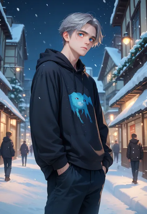 a young man with gray hair, mullet, blue eyes, black hoodie and long pants turned his back in the middle of a snowy city at nigh...