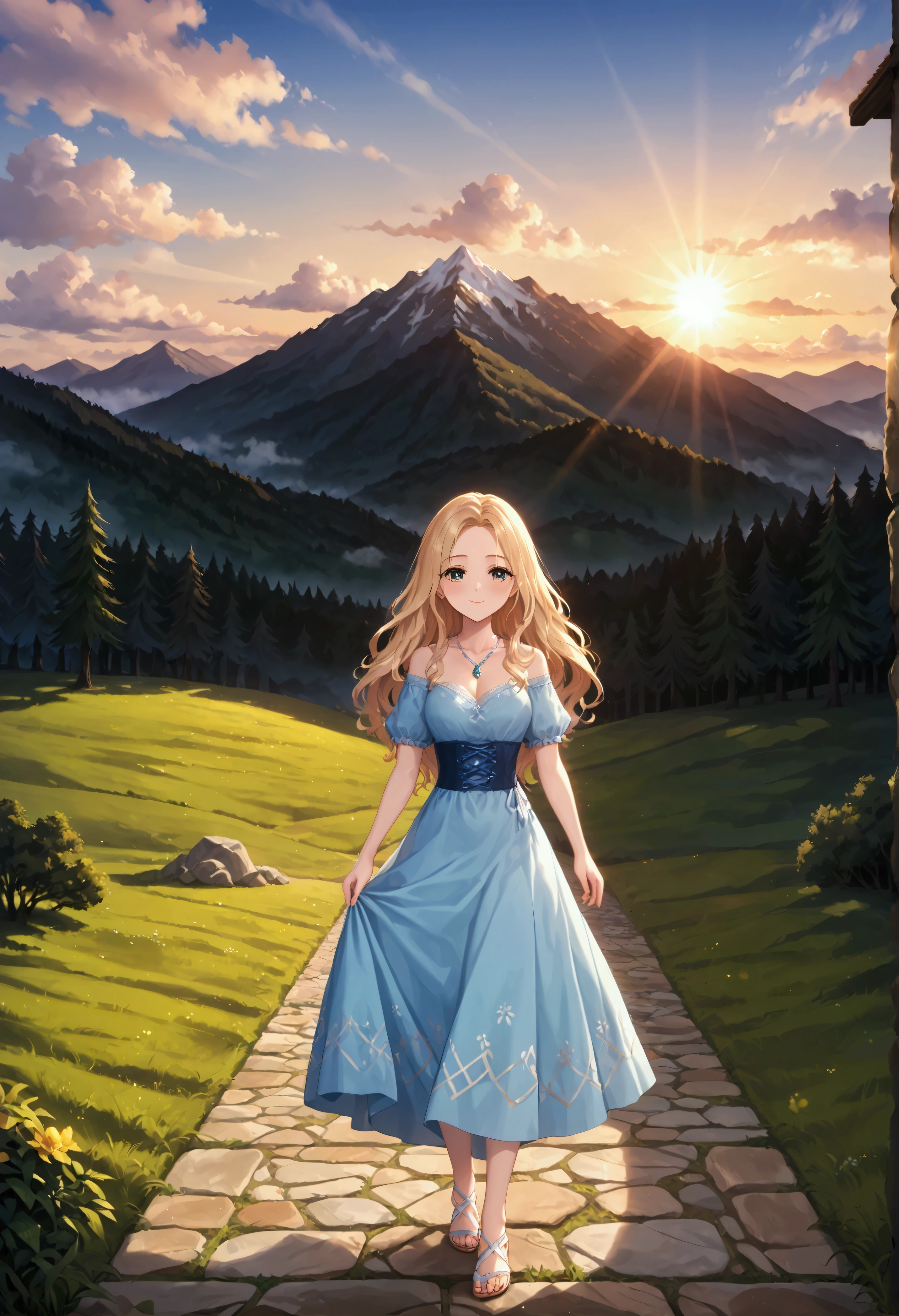 1 girl, happy expression, charming eyes, straight long hair, flowing skirt, big, looking at the sun, calm posture, porcelain-like skin, subtle blush, crystal pendant BREAK Golden Hour, (edge lighting): 1.2, cool colors, sun flare, soft shadows, bright colors, painting effects, fantastic atmosphere BREAK Scenic lakes, distant mountains, pine trees, mountain tops, reflections, sunlit clouds, tranquil atmosphere, idyllic sunrise, Ultra detailed, official art, unified 8k wallpapers, zentangle, mandala