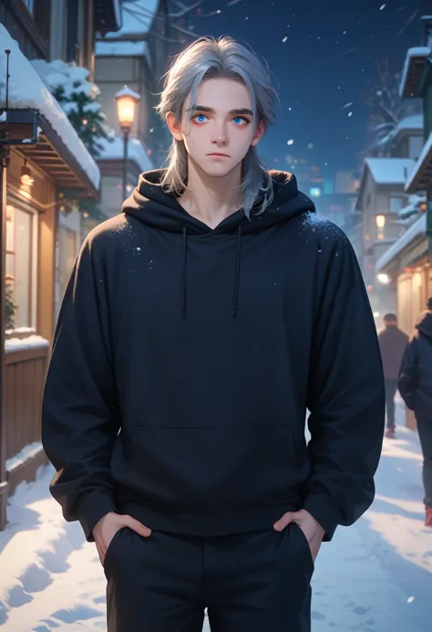 a young man with gray hair, mullet, blue eyes, black hoodie and long pants turned his back in the middle of a snowy city at nigh...