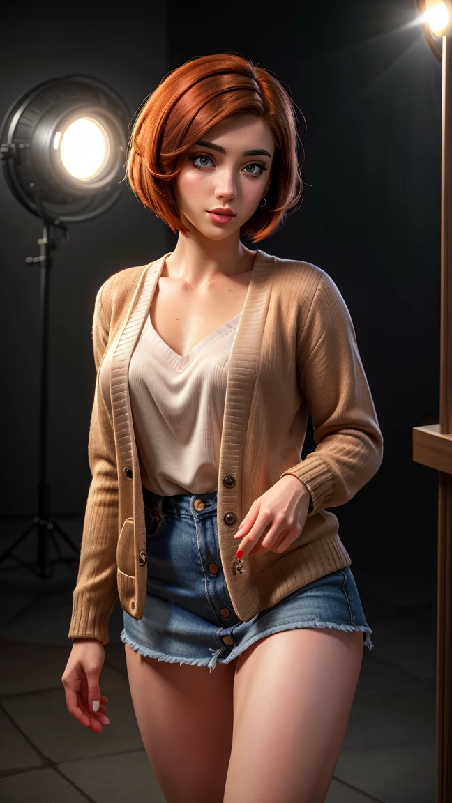 A girl with reddish hair, bobcut hairstyle, full body shot, detailed eyes and face, beautiful detailed lips, extremely detailed eyes and face, longeyelashes, intricate hairstyle, cinematic lighting, dramatic contrast, hyper-realistic, 8k, best quality, (photorealistic:1.37), (masterpiece:1.2), ultra-detailed, digital art, portrait, headshot, cinematic style, cardigan, bare legs