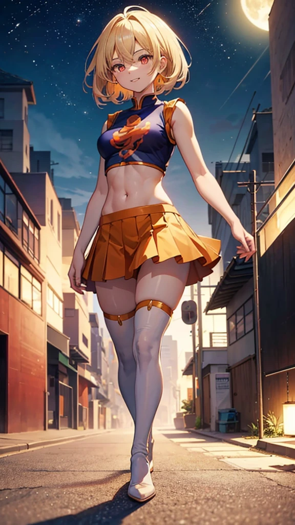 A beautiful anime girl, very beautiful face, happy face, smiling, short two-tone hair, He has a Dragon Ball in his hand, orange eyes, very detailed eyes, dynamic pose, beautiful body, very small breasts, big thighs, cropped t-shirt with print , shows the navel, short pleated skirt, thigh high socks,  beautiful body femenino, body 1:3 , walk down a street at night, house lights, full moon background, maximum quality, Perfect anatomy, masterpiece, HD, well detailed 