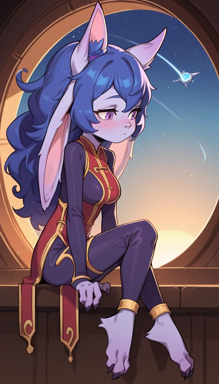 score_9, score_8_up, score_7_up, best quality, masterpiece, Lulu, (absurdly high resolution:1.4), from side, (short, diminutive, smol), yordle, (humanoid, light purple skin, purple eyes, (long ears, horizontal ears), long horizontal yordle ears, claws, feminine), futuristic outfit, barefoot, cute, adorable, slim, thin, (hair, fluffy hair,), large breasts, sleepy expression, blush lines, submissive), solo, spaceship setting, window, night sky, Expressive, young, expressive, outer space,
