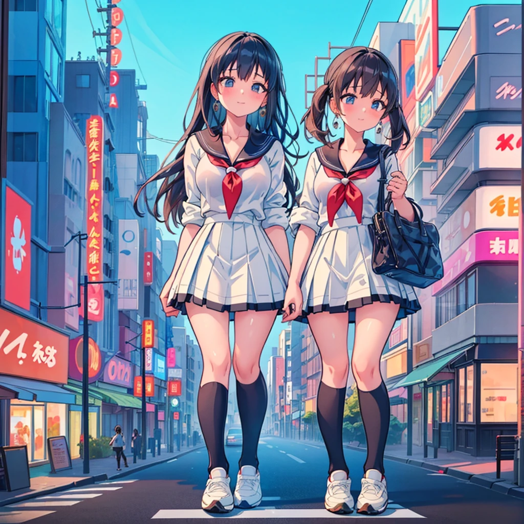  ((Two giant high school girls standing on the road kissing) ) Composition seen from below, true sunset, sunset, evening, masterpiece Anime style Delicate painting 4K 90's Huge Multiple crowd Crowd in a big city Lots of people ) (( Sailor Uniform)) ((School Uniform)) ((Big City)), ((Tokyo Akihabara Electric Town)), Big Breasts, High School Girl, Transparent Costume, Sweaty, Splashes, Sneakers, Watch, Black Hair, Smile, Female Titan Giant Girl Full Body Crowd Unreal Engine, Cleavage, Image, Earrings, Cute Photo, Beauty, Analog Style, Full Body, Sneakers, GTS, Giant Female Giant, Building Valley Girl, Skyscraper City, Big City, GTS , Giant Female Titan,