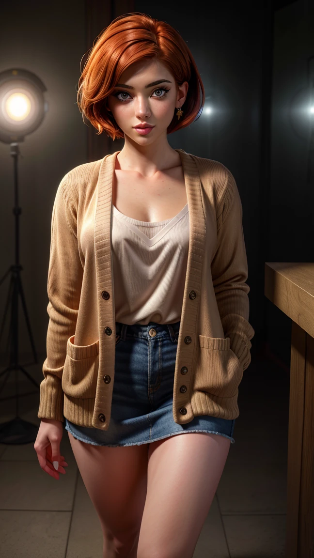 A girl with reddish hair, bobcut hairstyle, full body shot, detailed eyes and face, beautiful detailed lips, extremely detailed eyes and face, longeyelashes, intricate hairstyle, cinematic lighting, dramatic contrast, hyper-realistic, 8k, best quality, (photorealistic:1.37), (masterpiece:1.2), ultra-detailed, digital art, portrait, headshot, cinematic style, cardigan, bare legs