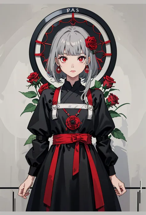 (highest quality, masterpiece), (one girl, alone, black dress, are standing , view your viewers, gray hair, red eyes, holding ro...