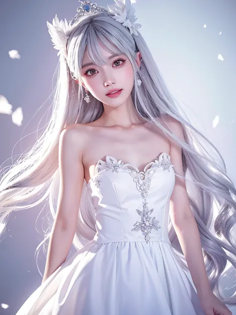 one girl, long hair、white hair、silver hair．jagged teeth．
princess teresa，white skin, large breasts, pointy ears, blushing, maste...