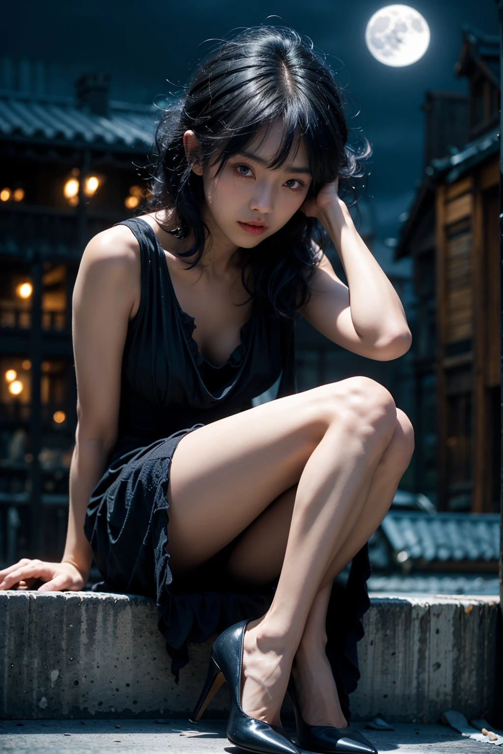 a beautiful Japanese woman, Short black hair, black eyes, A sad look, eyes filled with tears, in a black dress, black heels, On the roof of a building, night has fallen, a full moon in the distance ,(Best quality,4k,8k,high resolution,masterpiece:1.2),Ultra-detailed,(Realistic,photo-Realistic,photo-Realistic:1.37),portraits,deep blue color tones,Studio lighting vibrant