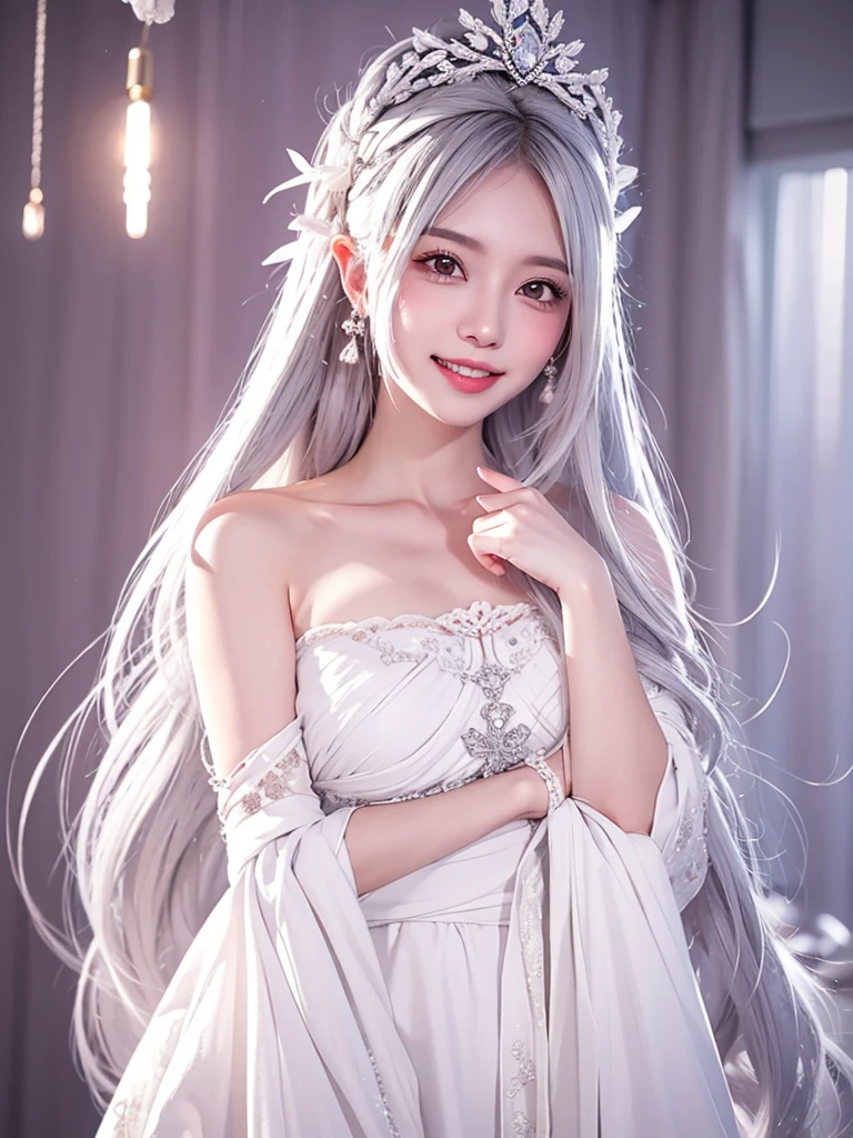 One girl, Long Hair、White Hair、Silver Hair．jagged teeth．
Princess Teresa，White skin, large breasts, Pointy Ears, Blushing, masterpiece, とてもLong Hair, Gray Hair, Hime cut, Sparkle Effect, Background blur, Princess in a white dress、Princess Teresaは幽霊でjagged teethを持つ舌の長い巨胸な姫です。poses shyly with tongue out