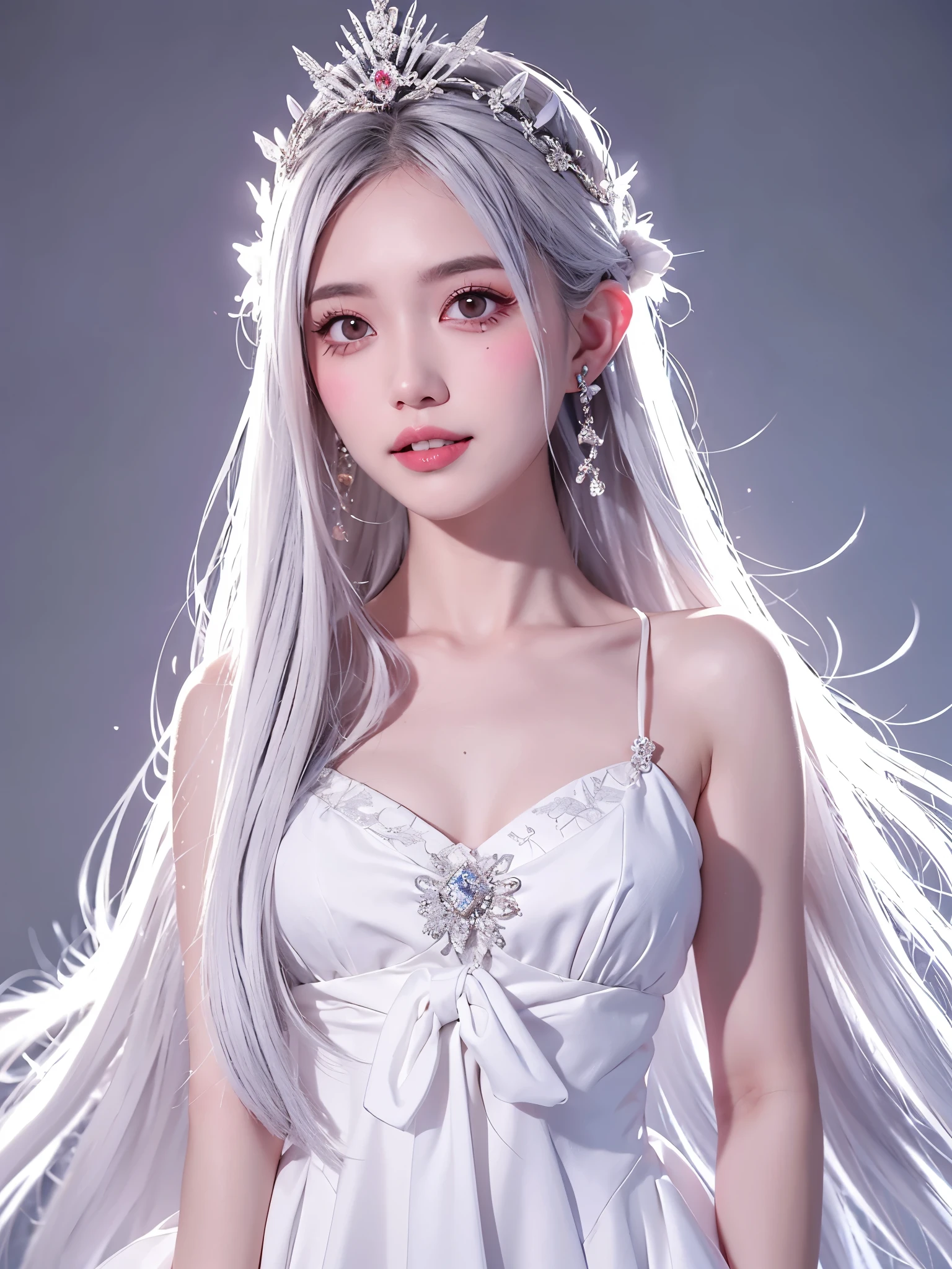 One girl, Long Hair、White Hair、Silver Hair．jagged teeth．
Princess Teresa，White skin, large breasts, Pointy Ears, Blushing, masterpiece, Very Long Hair, Gray Hair, Hime cut, Sparkle Effect, Background blur, Princess in a white dress、Princess Teresa is a ghostly, busty princess with jagged teeth。