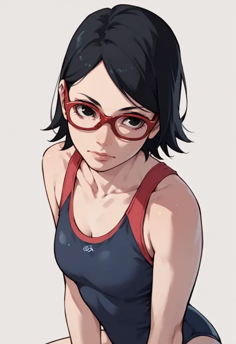 sarada uchiha, alone, 1 girl, black hair, short hair, red frame glasses, glasses, black eyes, swimsuit