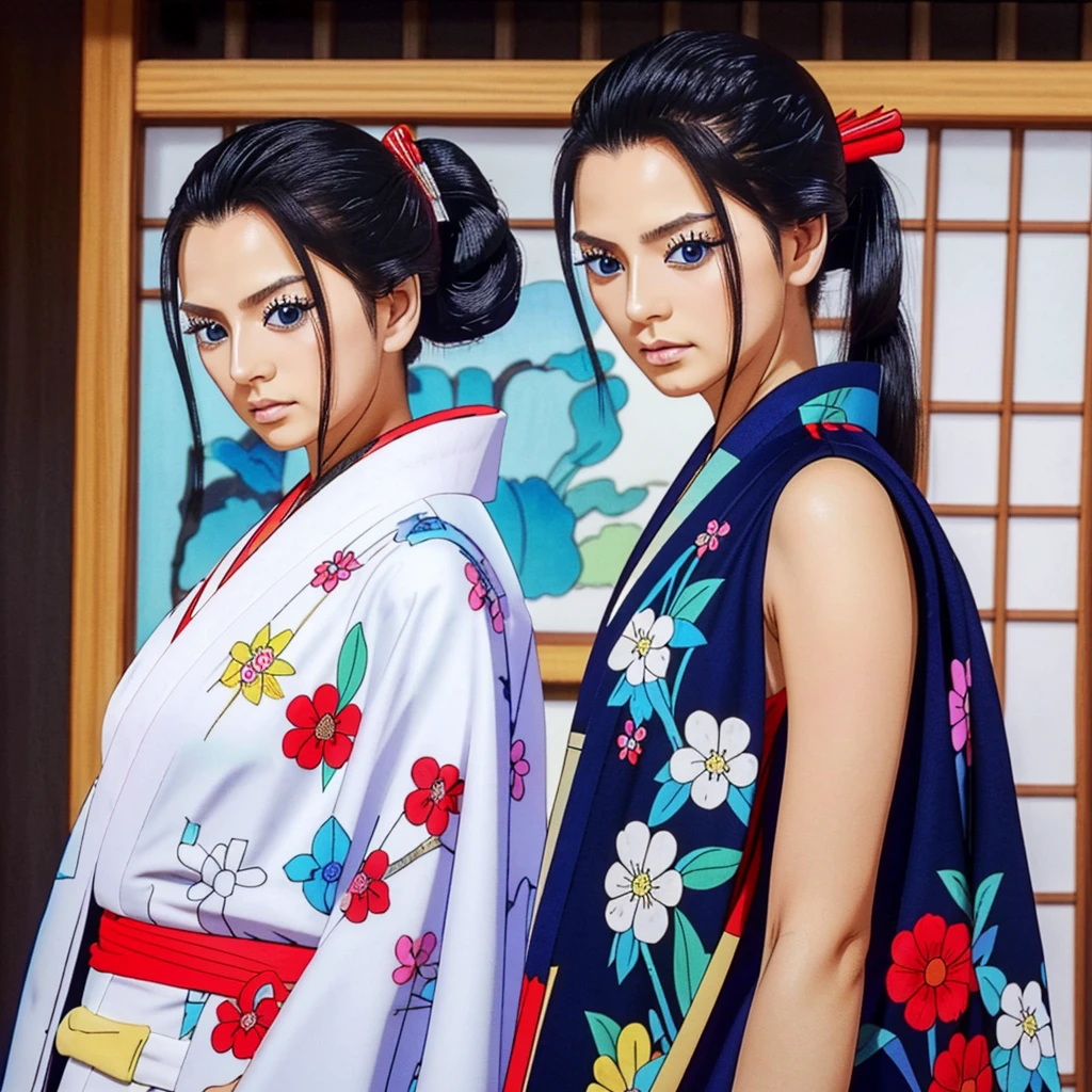 (masterpiece), best quality, expressive eyes, perfect face, kanzashi, black hair, long hair, (hair ornament, japanese clothes, print kimono, wanokunitwonr, ponytail, coat on shoulders, white kimono, sash, sidelocks, sleeveless kimono, obi, hair stick, black jacket, cape, blue eyes