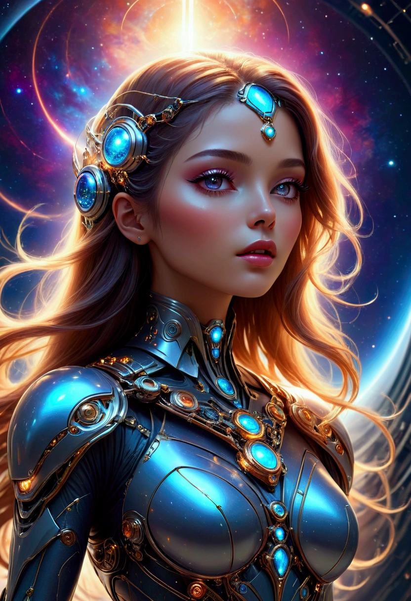 photorealistic image of AI girl in exosuit as supermodel flying a mecha_jet soaring to the sky leaving light trail behind her, full body, steady flying stance, intricate detailed, front view, looking forward, low angle shot, karol bak uhd, beautiful digital artwork,  girl in a cosmic dress and high heels, 8k highly detailed digital art, digital art fantasy, digital art fantasy art, gorgeous digital art, digital fantasy art ), detailed fantasy digital art, digital fantasy art, beautiful sci fi art, cyborg goddess in cosmos, vibrant luminescent epic surreal scenery, closed mouth, depth of field, eyelashes, , glowing, jewelry, light particles, lips, nose, planet, profile, realistic, long flowing hair, solo, space, full body, 