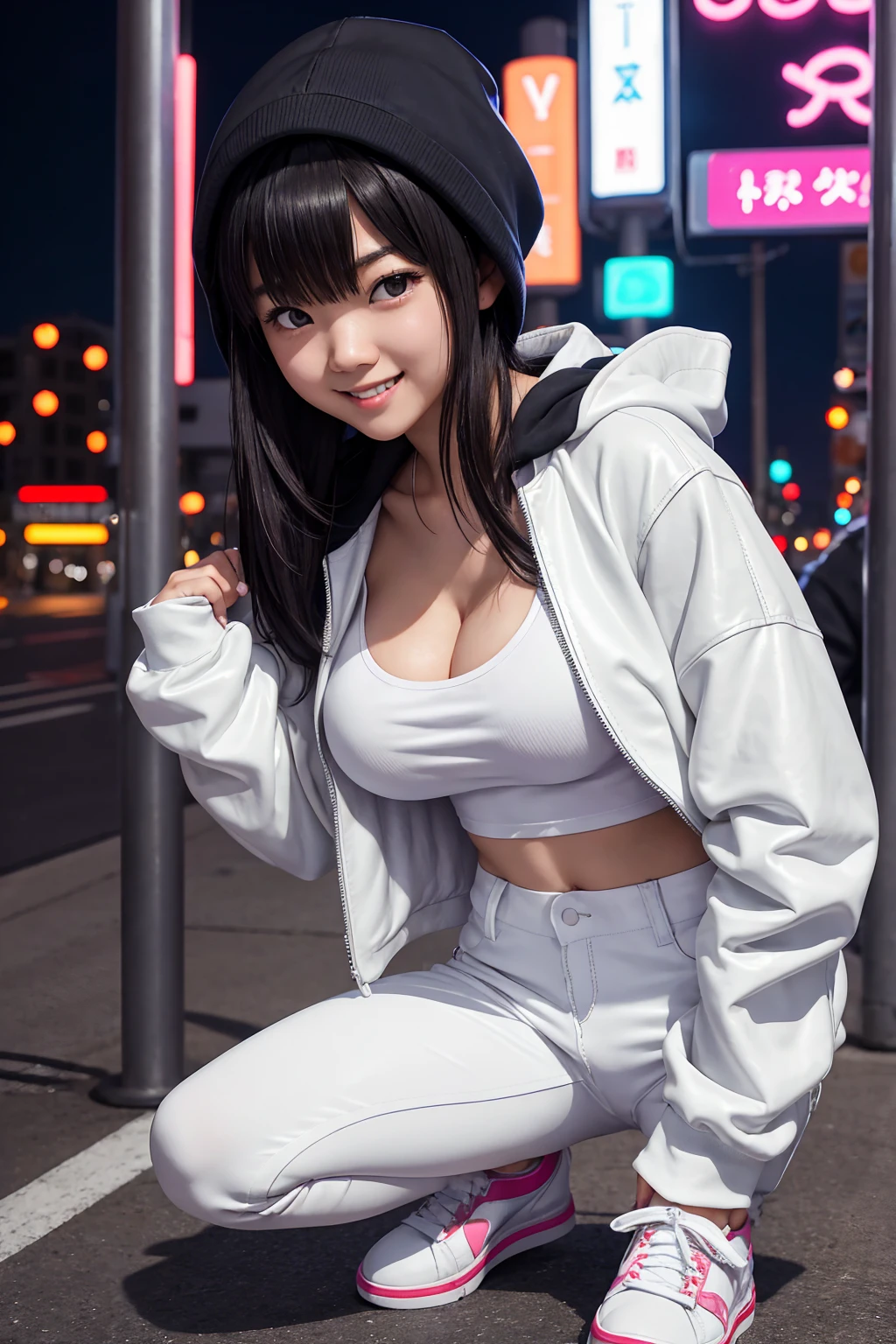 
A young Japanese girl, wearing a white t-shirt, a leather jacket and a hood up.demin pants,socks,sneaker,
She was looking at me with a smile on her beautiful face, her breasts so big that they accentuated her cleavage.
crouching,
Late night entertainment district with dazzling neon lights