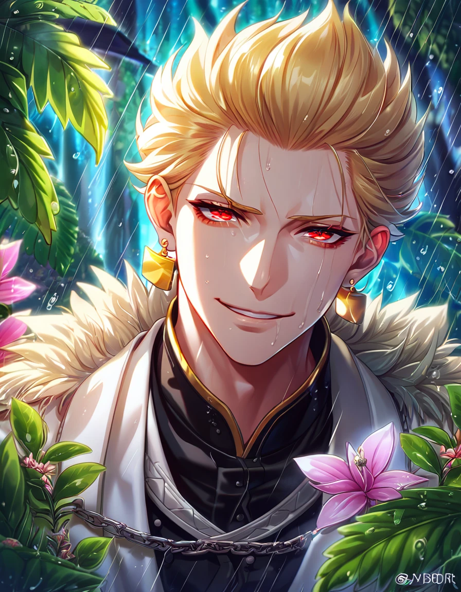 absurdres, highres, ultra detailed, HDR, master piece, best quality, extremely detailed, detailed eyes, detailed face, Gilgamesh, blonde hair, hair slicked up, ruffled hair, golden earrings, expressive red eyes, Fate Stay Night, solo, sexy man, handsome, horny, lewd, smirk, wet, white coat with fur, black shirt, spring, flowers, green leaves, magical forest, dark fantasy, rain, night