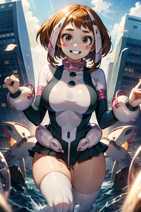 ochaco uraraka  ,1 girl , cheered up , masterpiece  ,  cocky smile ,short hair, hero uniforme  leotard fio-dental sexy , thighs ...