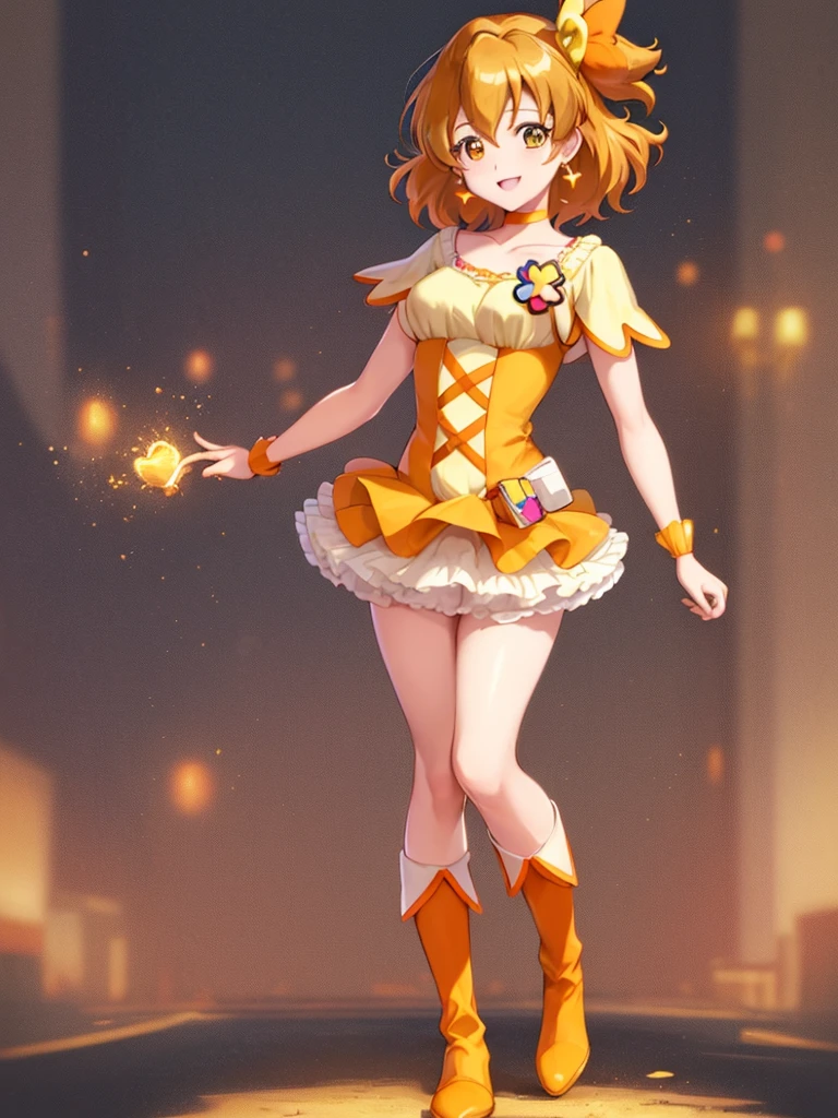 masterpiece, Highest quality, View your viewers, Depth of written boundary, walk, smile,
One person, Cure Pine, Pretty Cure, One side up, short hair, Hair Ribbon,  Frills, Short sleeve, Wrist cuff, Orange Choker, Orange boots, yellow_skirt,Emphasized thighs