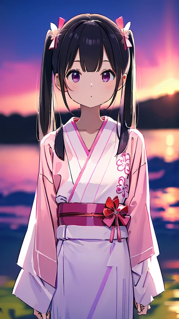 Black Hair、refreshing、Gravure idol-like background、Half Twin Tail、clear、Cute summer yukata、A pale white and pink yukata、Summer night sky、whole body、