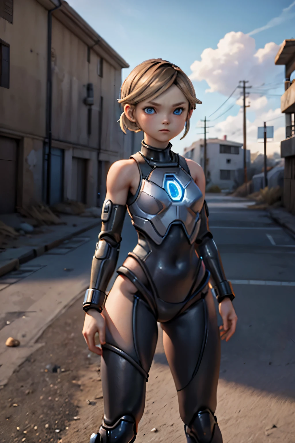 With a confident stance, the cyborg woman surveys her surroundings. Her piercing blue eyes scan the horizon, taking in every detail of the post-apocalyptic landscape. Her brown hair is pulled back into a ponytail, revealing the intricate circuitry and metal plating that covers her body. Despite her robotic enhancements, her medium-sized breasts are still visible, a reminder of her humanity. She wears a sleek bodysuit, a perfect blend of form and function, as she prepares for battle against the unknown.