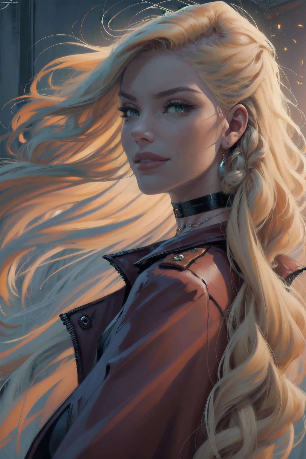 (Masterpiece - Ultra-Detailed, High Resolution) woman 40 years old, a woman (johanna constantine), wearing a brown overcoat , very long blond hair, curly hair, (blond hair), (dark blue 1 eyes), black choker . Indifferent look , merciless, dinamic poses, egoist smile, backwards, looking back