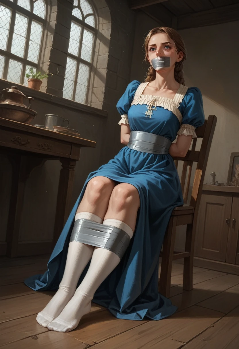 excellent quality, Maximum realism, Ultra Graphics, Gorgeous Serbian girl in medieval dress and white socks was , Her hands are tied behind her back, her legs are tied together, tape gag, tape bondage, Foot Fetish, angle on the feet, Perfect feet, 