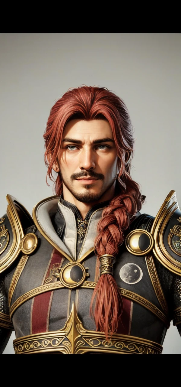 male character with mature redhead moon drawing one white eye and one black eye long hair with braid mustache tray