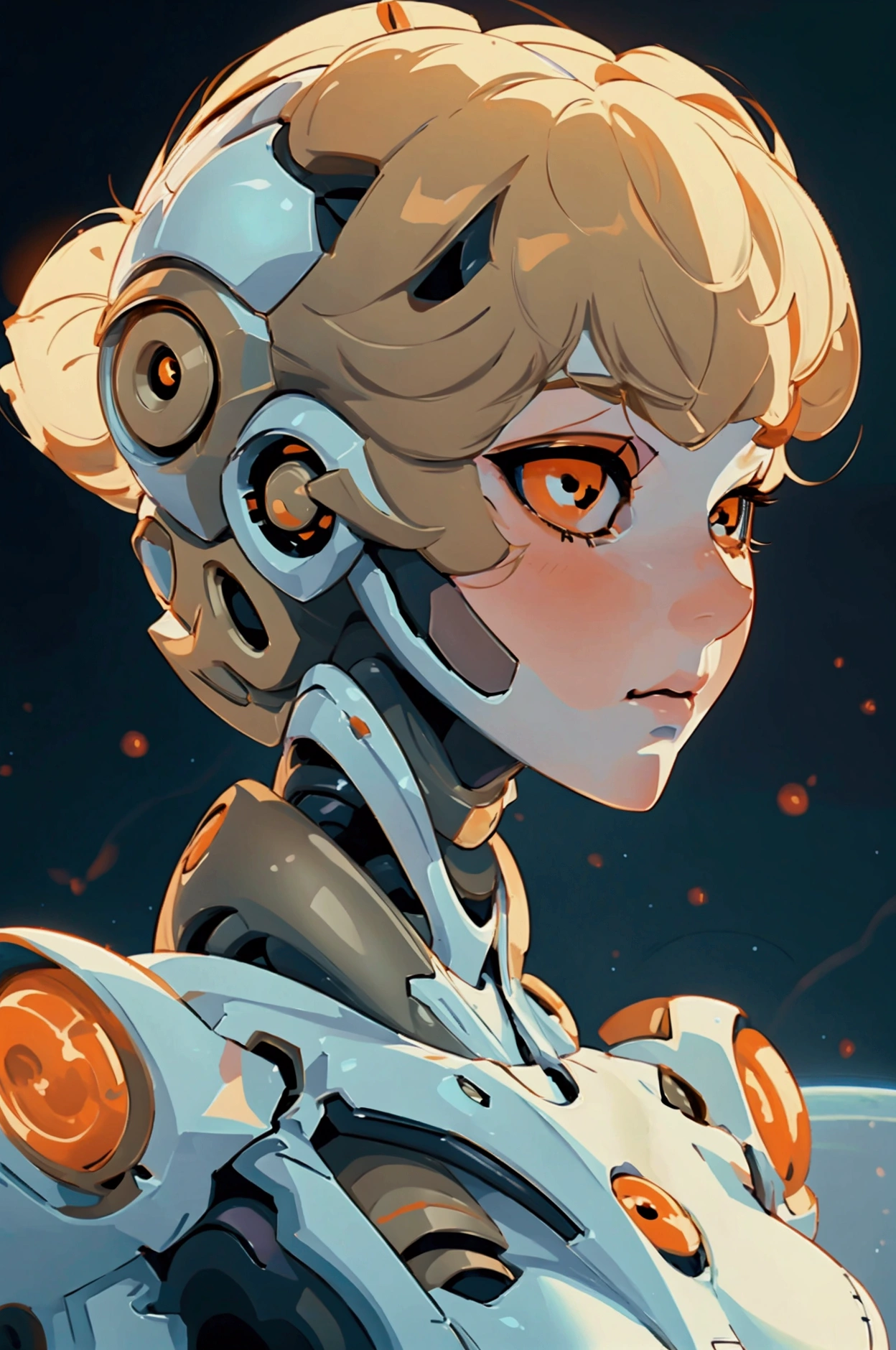 Beautiful robot woman, short blonde hair, pale white skin, orange eyes, large breasts, closeup of bust, neutral expression, space background, 