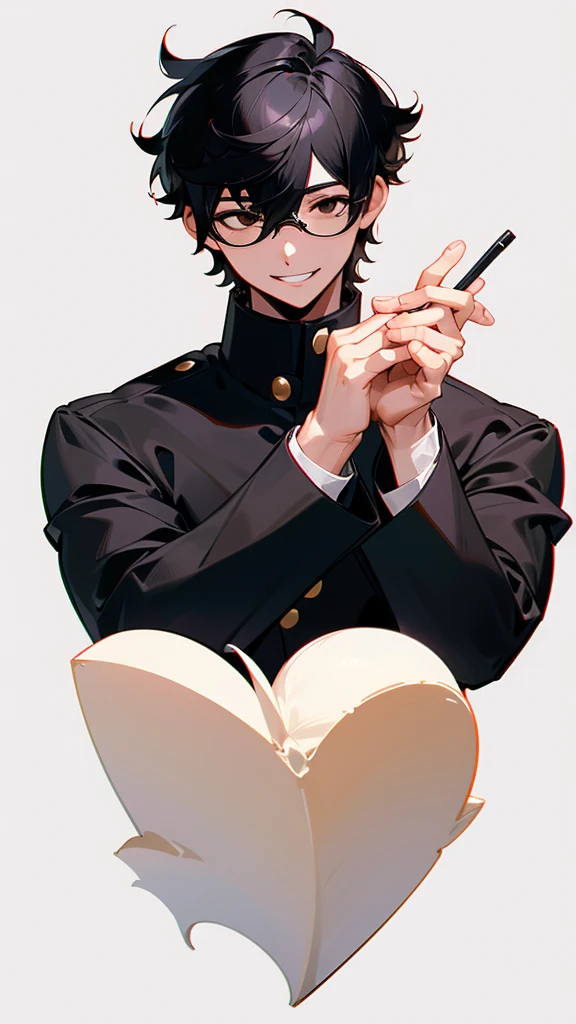 1boy, male_focus, solo, simple_background, black_hair, smile, glasses, white_background, gakuran, school_uniform, brown_eyes, upper_body, looking_at_viewer, hair_between_eyes, mole, mole_under_eye, grin, short_hair, bangs, semi-rimless_eyewear, black_jacket, under-rim_eyewear, jacket, parted_lips