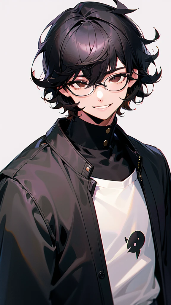 1boy, male_focus, solo, simple_background, black_hair, smile, glasses, white_background, gakuran, school_uniform, brown_eyes, upper_body, looking_at_viewer, hair_between_eyes, mole, mole_under_eye, grin, short_hair, bangs, semi-rimless_eyewear, black_jacket, under-rim_eyewear, jacket, parted_lips