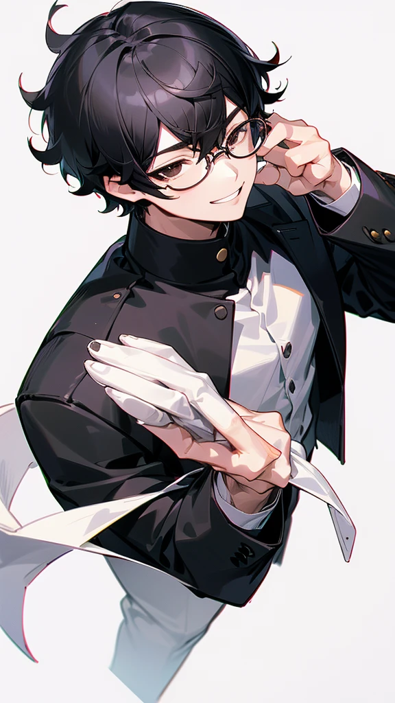 1boy, male_focus, solo, simple_background, black_hair, smile, glasses, white_background, gakuran, school_uniform, brown_eyes, upper_body, looking_at_viewer, hair_between_eyes, mole, mole_under_eye, grin, short_hair, bangs, semi-rimless_eyewear, black_jacket, under-rim_eyewear, jacket, parted_lips