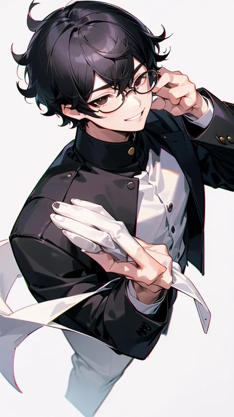 1boy, male_focus, solo, simple_background, black_hair, smile, glasses, white_background, gakuran, school_uniform, brown_eyes, up...