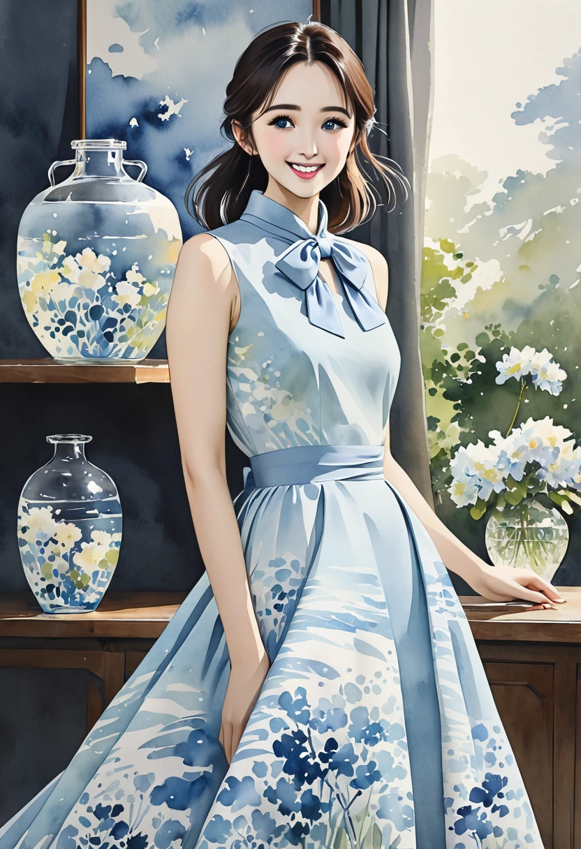 8K,Masterpiece,Top Quality,Dynamic Pose,Beautiful Woman with Long Hair,Smile: 1.6,Japanese Beauty,((carboy shot,change of plan)),A sleeveless midi dress with a high neckline and a large bow tied elegantly at the neck. The dress is fitted at the waist, flaring out into a flowing A-line skirt that gracefully reaches mid-calf. The soft light blue color of the dress is calming and sophisticated, enhanced by a delicate watercolor-inspired abstract pattern. This pattern features subtle gradients of light blue and white, creating a refined and elegant look that is both feminine and poised,(((Watercolor)))