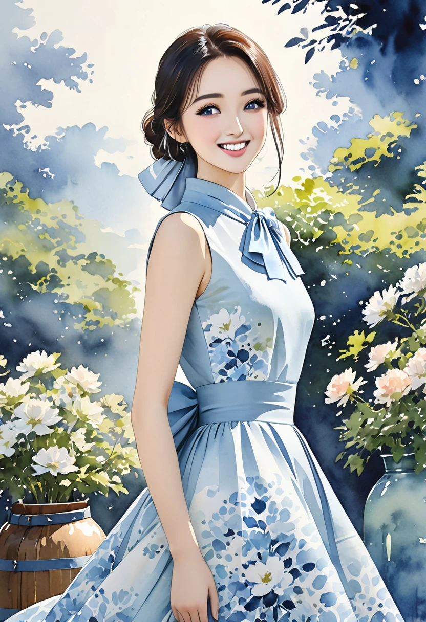 8K,Masterpiece,Top Quality,Dynamic Pose,Beautiful Woman with Long Hair,Smile: 1.6,Japanese Beauty,((carboy shot,change of plan)),A sleeveless midi dress with a high neckline and a large bow tied elegantly at the neck. The dress is fitted at the waist, flaring out into a flowing A-line skirt that gracefully reaches mid-calf. The soft light blue color of the dress is calming and sophisticated, enhanced by a delicate watercolor-inspired abstract pattern. This pattern features subtle gradients of light blue and white, creating a refined and elegant look that is both feminine and poised,(((Watercolor)))