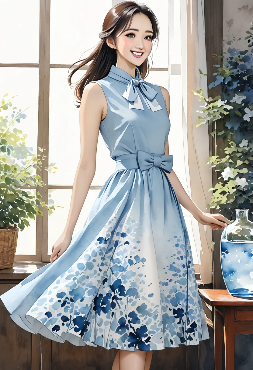 8K,Masterpiece,Top Quality,Dynamic Pose,Beautiful Woman with Long Hair,Smile: 1.6,Japanese Beauty,((carboy shot,change of plan)),A sleeveless midi dress with a high neckline and a large bow tied elegantly at the neck. The dress is fitted at the waist, flaring out into a flowing A-line skirt that gracefully reaches mid-calf. The soft light blue color of the dress is calming and sophisticated, enhanced by a delicate watercolor-inspired abstract pattern. This pattern features subtle gradients of light blue and white, creating a refined and elegant look that is both feminine and poised,(((Watercolor)))