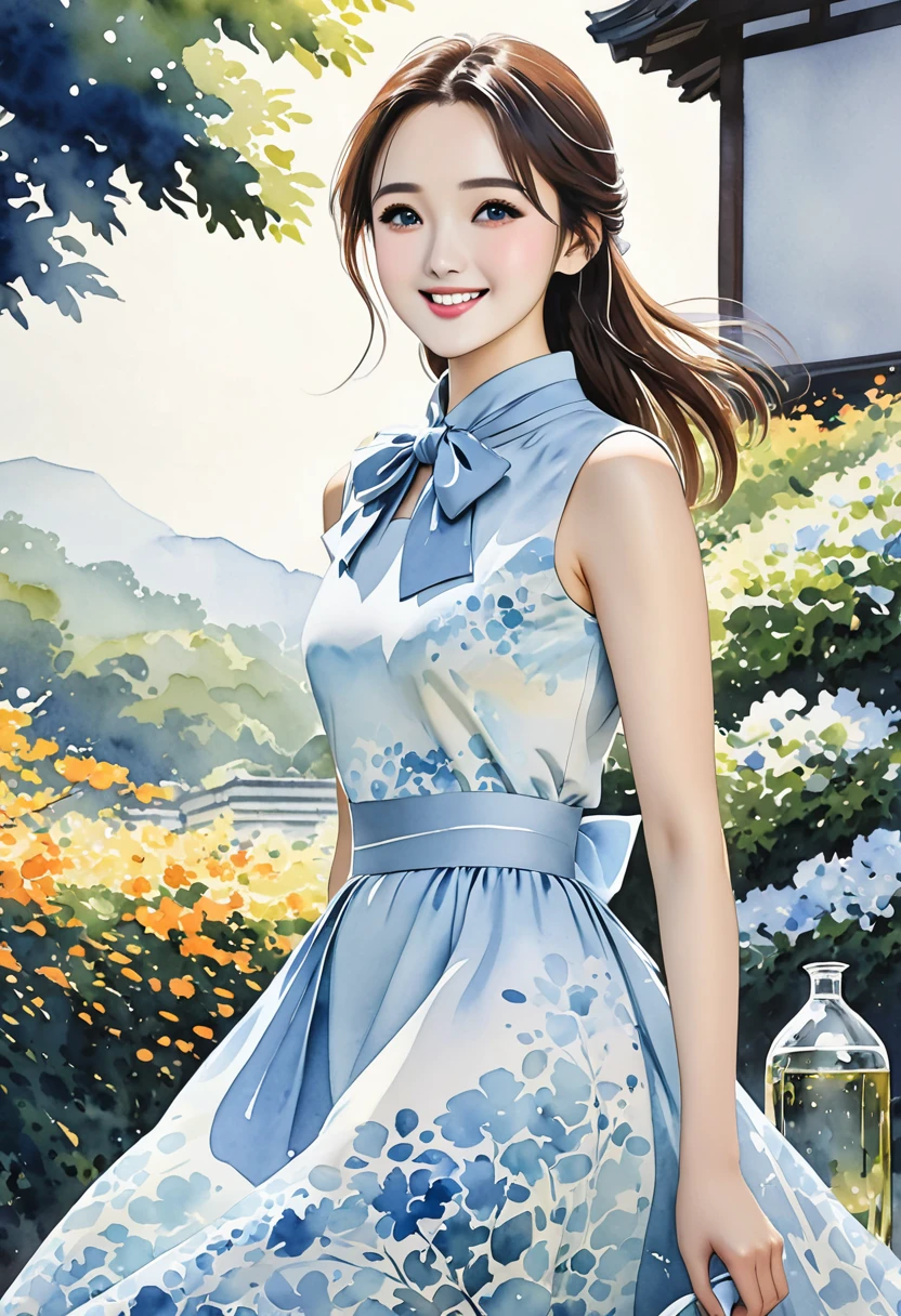 8K,Masterpiece,Top Quality,Dynamic Pose,Beautiful Woman with Long Hair,Smile: 1.6,Japanese Beauty,((carboy shot,change of plan)),A sleeveless midi dress with a high neckline and a large bow tied elegantly at the neck. The dress is fitted at the waist, flaring out into a flowing A-line skirt that gracefully reaches mid-calf. The soft light blue color of the dress is calming and sophisticated, enhanced by a delicate watercolor-inspired abstract pattern. This pattern features subtle gradients of light blue and white, creating a refined and elegant look that is both feminine and poised,(((Watercolor)))