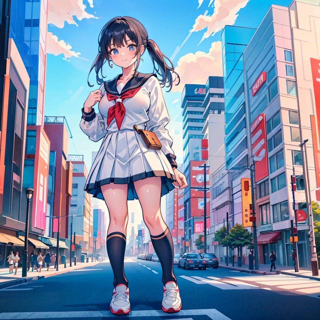  ((Two giant high school girls standing on the road) ) Composition seen from below, true sunset, sunset, evening, masterpiece Anime style Delicate painting 4K 90's Huge Multiple crowd Crowd in a big city Lots of people ) (( Sailor Uniform)) ((School Uniform)) ((Big City)), ((Tokyo Akihabara Electric Town)), Big Breasts, High School Girl, Transparent Costume, Sweaty, Splashes, Sneakers, Watch, Black Hair, Smile, Female Titan Giant Girl Full Body Crowd Unreal Engine, Cleavage, Image, Earrings, Cute Photo, Beauty, Analog Style, Full Body, Sneakers, GTS, Giant Female Giant, Building Valley Girl, Skyscraper City, Big City, GTS , Giant Female Titan,