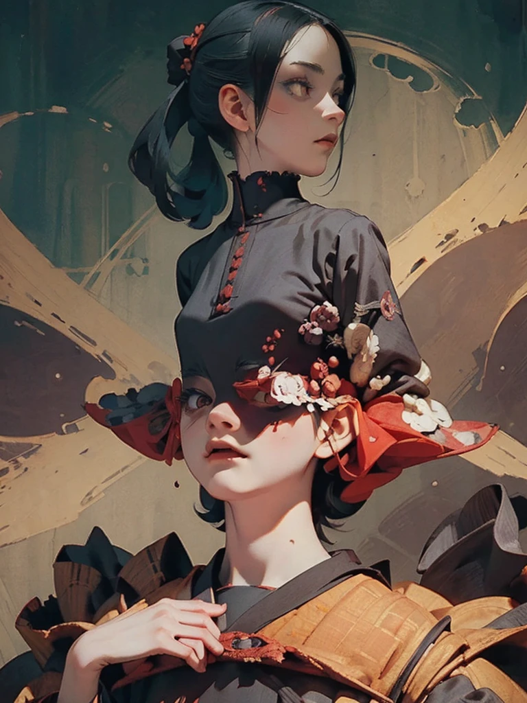 (masterpiece), (High resolution), (Very delicate), Dark atmosphere, Flat Illustration, Creepy Appearance, Characteristic hairstyle, creative accessories, Unique atmosphere、 Hell Girl、god々New Background
