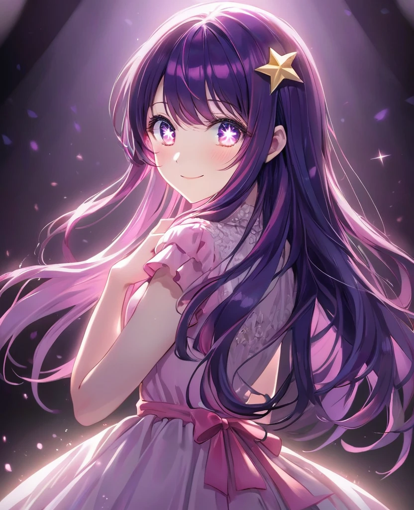 Hoshino Ai、Idol、Beautiful purple and pink eyes、The shining star painted in your eyes、Glowing effect、My Favorites、Illuminated by a spotlight、A radiant smile、Long Hair、dress、Dark purple hair、masterpiece、Highest quality、Perfect Face、Facing forward、Gazing at the audience、Beautiful eyes and hair、Cute face、Perfect Face立ち