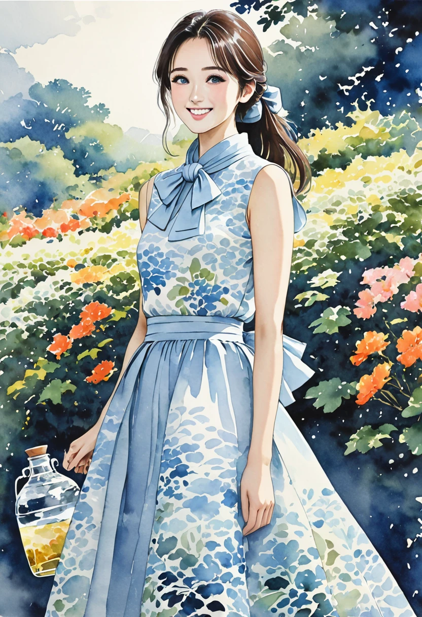 8K,Masterpiece,Best Picture Quality,Dynamic Pose,Long Hair Beauty,Smile: 1.6,Japanese Beauty,((Carboy Shot,Plan Change)),Sleeveless midi dress with high neck, large bow elegantly tied around the neck. The waist fits snugly and the A-line skirt extends gracefully to mid-calf. A delicate abstract pattern inspired by watercolor painting makes the dress' soft light blue color calm and sophisticated. The pattern features a subtle gradation of light blue and white, creating a sophisticated and elegant look that is both feminine and soothing,(((Watercolor))))