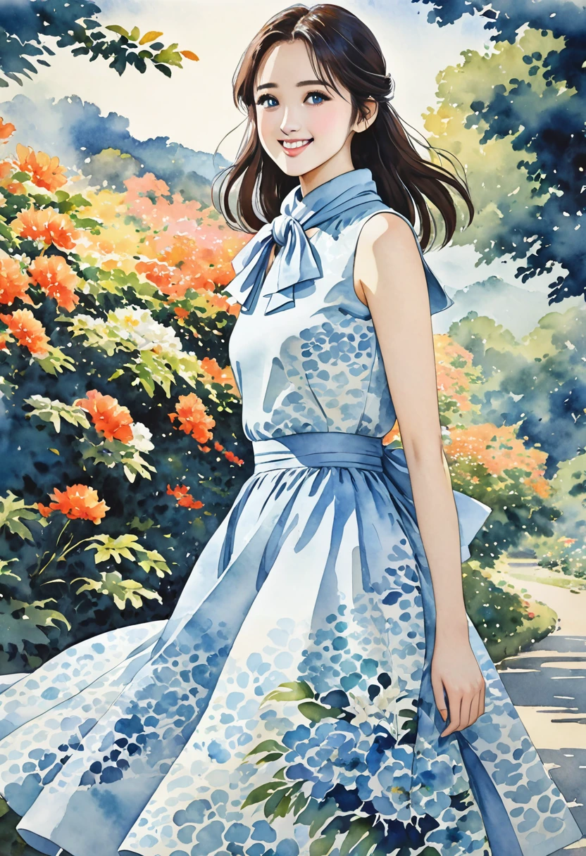 8K,Masterpiece,Best Picture Quality,Dynamic Pose,Long Hair Beauty,Smile: 1.6,Japanese Beauty,((Carboy Shot,Plan Change)),Sleeveless midi dress with high neck, large bow elegantly tied around the neck. The waist fits snugly and the A-line skirt extends gracefully to mid-calf. A delicate abstract pattern inspired by watercolor painting makes the dress' soft light blue color calm and sophisticated. The pattern features a subtle gradation of light blue and white, creating a sophisticated and elegant look that is both feminine and soothing,(((Watercolor))))