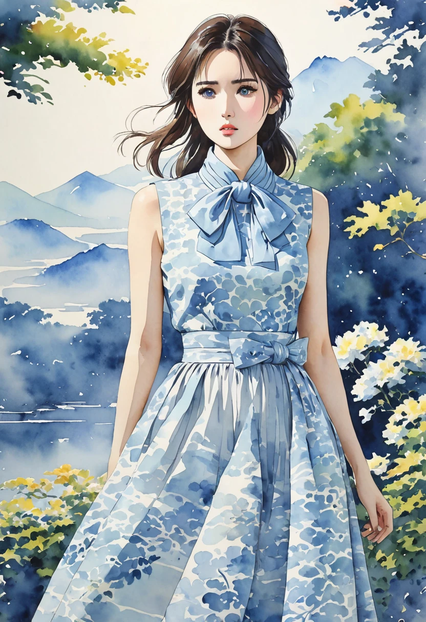 8K,Masterpiece,Best picture quality,Dynamic pose,Long haired beauty,Serious face: 1.6,Japanese beauty,((Carboy shot, change of plan)),Sleeveless midi dress with high neck, large bow elegantly tied around the neck. The waist fits snugly and the A-line skirt extends gracefully to mid-calf. A delicate abstract pattern inspired by watercolor painting makes the dress' soft light blue color calm and sophisticated. The pattern features a subtle gradation of light blue and white, creating a sophisticated and elegant look that is both feminine and soothing,(((Watercolor))))