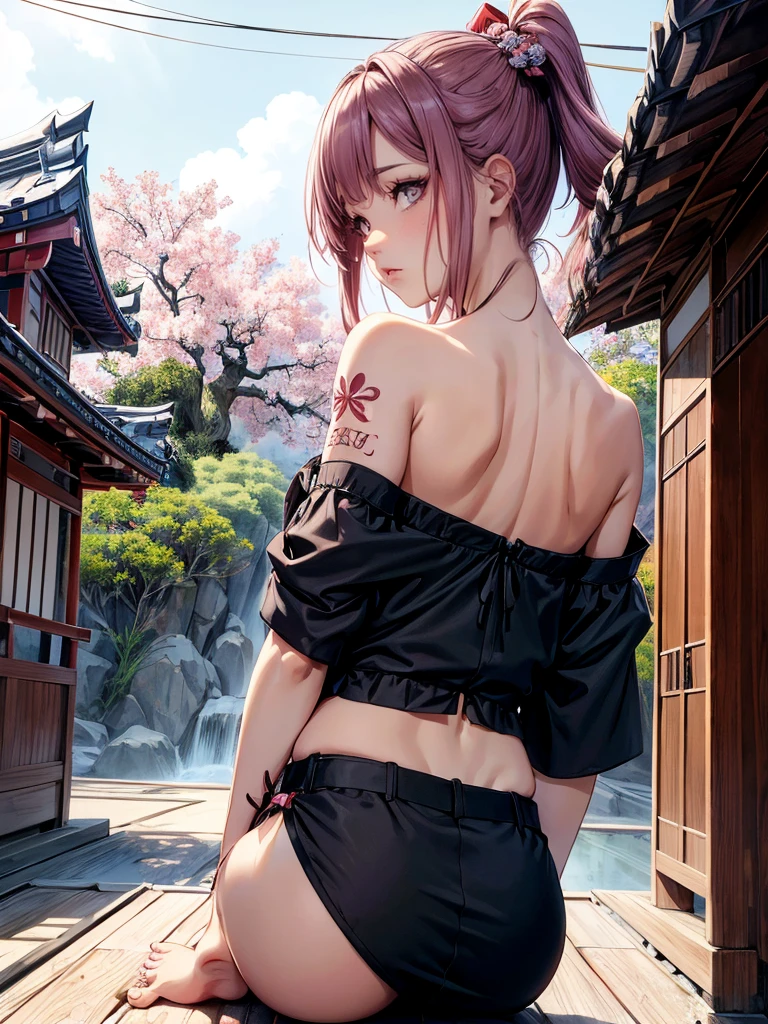 Japanesse beautifull girl, pink & brown hairadd high definition_detail:1, tribal tattoo add_detail:1, in hell add_detail, barefoot, blue saturation light, ( beatifull black and sensual kimono), japanesse shrine landscape 