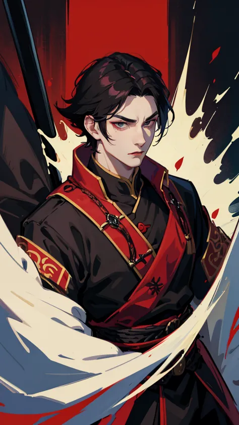 vampyre. cao cao. stark. youngh. naughty man. brawny. . stately. dark black eyes. black hair with red details. shorth hair. russ...