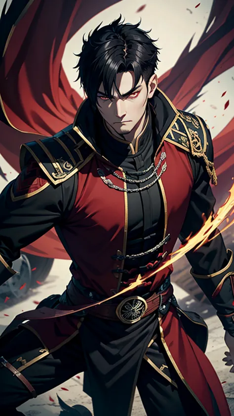 vampyre. cao cao. stark. youngh. naughty man. brawny. . stately. dark black eyes. black hair with red details. short hair shaved...