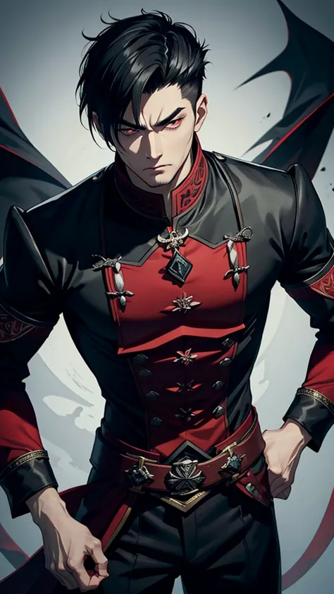 vampyre. cao cao. stark. youngh. naughty man. brawny. . stately. dark black eyes. black hair with red details. short hair shaved...