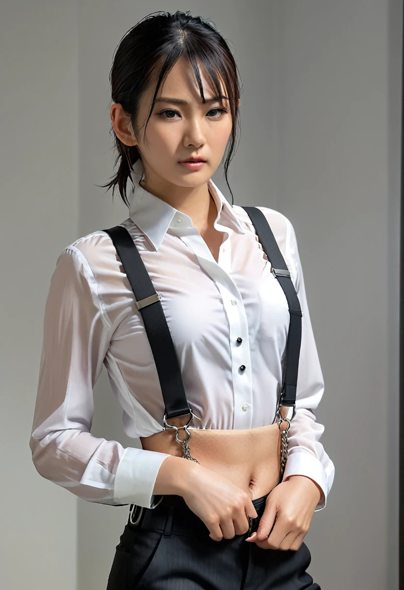 a woman in a suit, belt, hands behind back, sweating, suspenders, black pants, sexly, large breasts, see-through clothing,, detective, office worker, white button-up shirt, (best quality,4K,8k,highres,masterpiece:1.2),ultra-detailed,(realistic,photorealistic,photo-realistic:1.37),hyper-detailed,highly detailed face and body, Slender　thin　suspenders　Moderate breasts　See-through shirt　Nipples　holster　chain　Pistol　Armament　criminal　Female criminal　knife　japanese　profile　Japanese women　arrested handcuff　Cable tie on thumb　Restraint Fingercuffs
